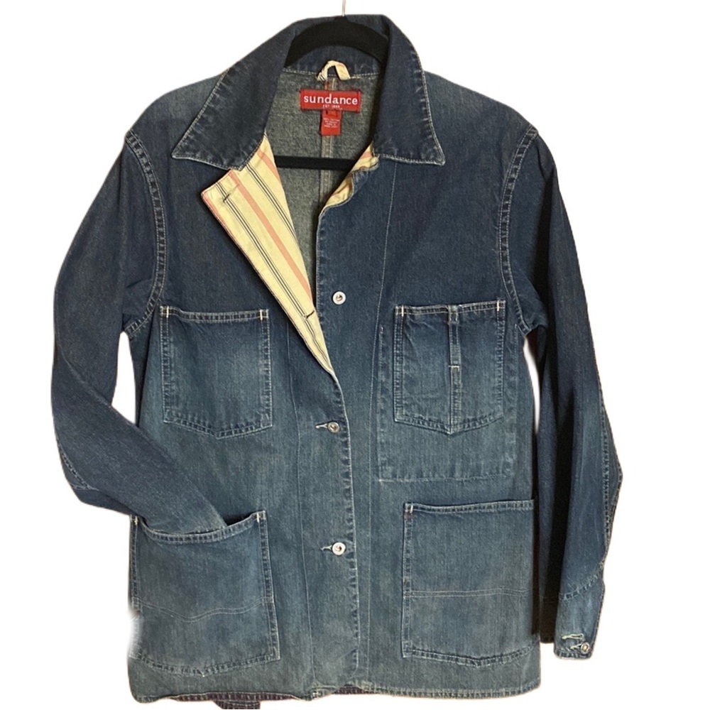 Sundance Jean denim jacket shirt style striped lapel lining blazer coat size M